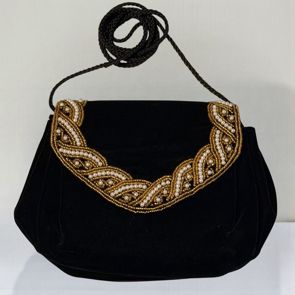 Black Velvet Beaded Evening Bag Gold Pearl Accents Accordion Flap Snap Crossbody